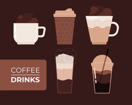 Téléchargez les illustrations : Vecteur plat collection minimaliste de boissons au café illustrations en couleurs marron - en licence libre de droit