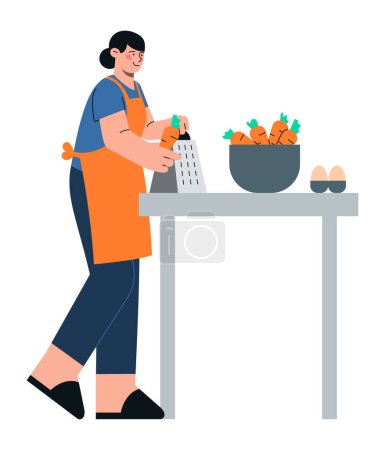 Téléchargez les illustrations : Femme avec râpe pour les légumes et les carottes cuisiner le dîner sur la table de cuisine. Vecteur plat illustration minimaliste de cuisine bio saine - en licence libre de droit