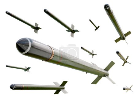 Téléchargez les photos : Illustration en 3D d'un essaim de fusées aériennes de l'époque de la guerre mondiale. Contexte isolé. - en image libre de droit
