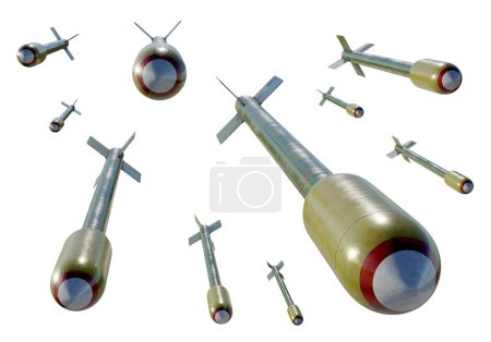 Téléchargez les photos : Illustration en 3D d'un essaim de fusées aériennes de l'époque de la guerre mondiale. Contexte isolé. - en image libre de droit