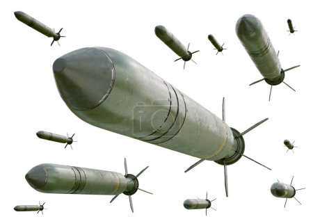 Photo for 3d render illustration of a swarm of aircraft rockets from world war era. Isolated background. - Royalty Free Image