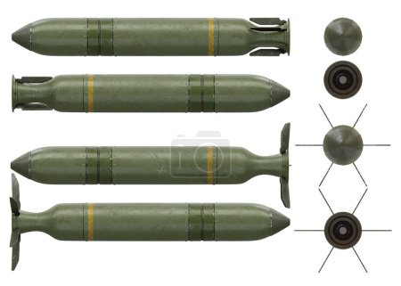 Téléchargez les photos : Illustration en 3D d'un ensemble de fusées d'avions datant de l'époque de la guerre mondiale sous de multiples angles. Contexte isolé. - en image libre de droit