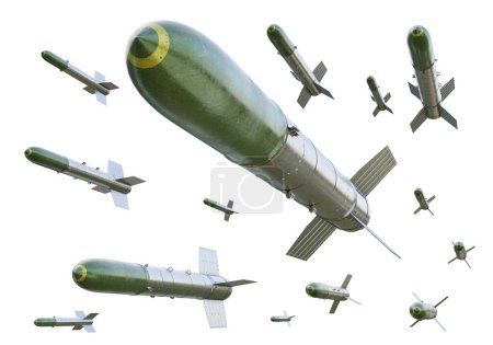 3D-Darstellung eines Schwarms von Flugzeugraketen aus der Zeit des Zweiten Weltkriegs. Isolierter Hintergrund.