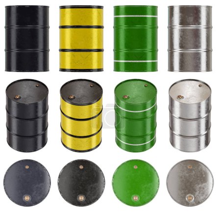 Téléchargez les photos : Illustration en 3D d'un ensemble de barils de tambour dans plusieurs vues et couleurs. Isolé du fond. - en image libre de droit