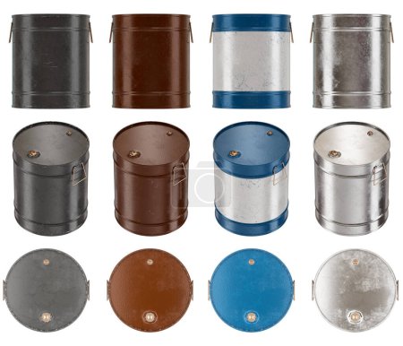 3d representación ilustración de un conjunto de barriles de tambor en múltiples vistas y colores. Aislado de fondo.