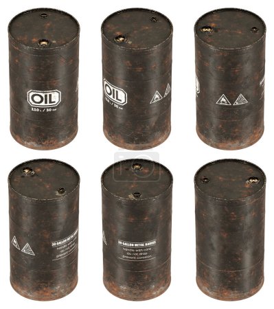 Téléchargez les photos : 3d rendent l'illustration d'un ensemble de barils de barils de pétrole rouillés dans plusieurs vues. Isolé de l'arrière-plan. Différentes configurations - en image libre de droit