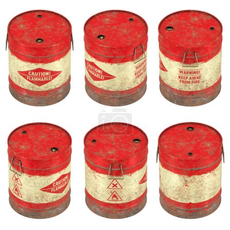 3d render illustration of a set of rustedsmall drum barrels with handles in multiple views. Isolated from background. Different layouts