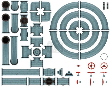 3d ilustración de renderizado de un conjunto de tubos. Paquete de activos del juego. Muchas variantes. Vista superior. Pintura azul.