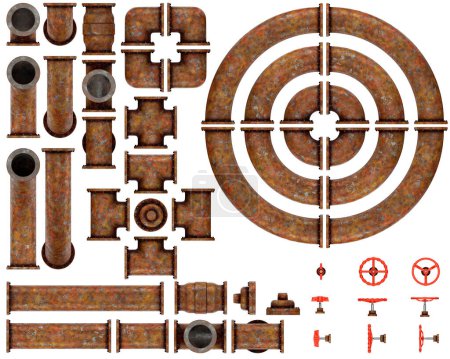 3d ilustración de renderizado de un conjunto de tubos. Paquete de activos del juego. Muchas variantes. Vista superior. Desgastado y oxidado. 