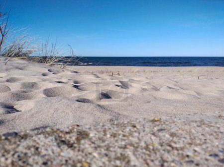 Foto de Arena con piedras en la playa del Mar Báltico contra el cielo azul - Imagen libre de derechos