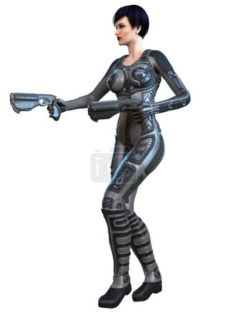 Photo for Futuristic woman soldier in a grey suit, armed with guns, 3d rendering - Royalty Free Image