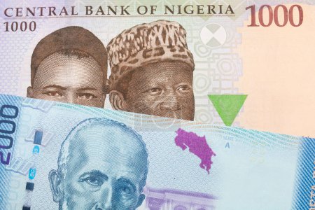 Foto de Una imagen macro de un billete de mil nairas azul, púrpura y verde de Nigeria emparejado con un colorido billete de banco de dos mil colones de Costa Rica. Disparo de cerca en macro. - Imagen libre de derechos