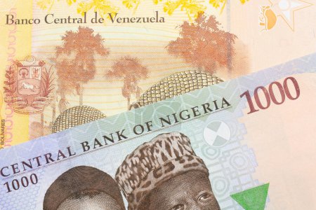 Téléchargez les photos : Une image macro d'un billet de mille nairas bleu, violet et vert du Nigeria jumelé à un billet de banque coloré et jaune de cinq Bolivar du Venezuela. Plan rapproché dans macro. - en image libre de droit