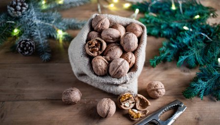 Photo for Festive christmas nuts tumbling from a burlap bag - Royalty Free Image