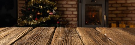 Photo for Christmas decorations on wooden background fireplace - Royalty Free Image