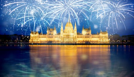 Photo for Fireworks display over Budapest happy new year - Royalty Free Image