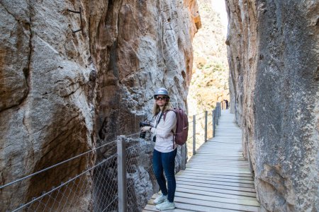 Photo for Woman trekking in Caminito Del Rey Trail in Andalusia - Royalty Free Image