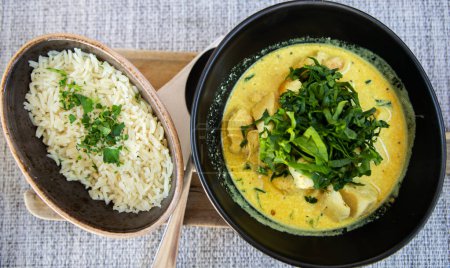 Téléchargez les photos : Vue du dessus de la plaque de curry et de riz - en image libre de droit