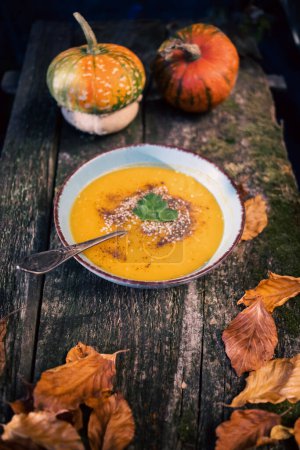 Foto de Sopa de calabaza en plato de otoño mesa de madera - Imagen libre de derechos