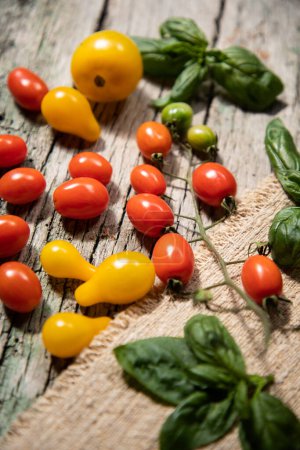 Téléchargez les photos : Tomates cerise rouge, jaune et verte - en image libre de droit
