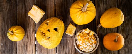 Photo for Halloween pumpkins ready for carving - Royalty Free Image