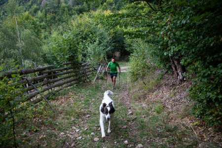 Photo for Man trekking with dog in the countryside - Royalty Free Image