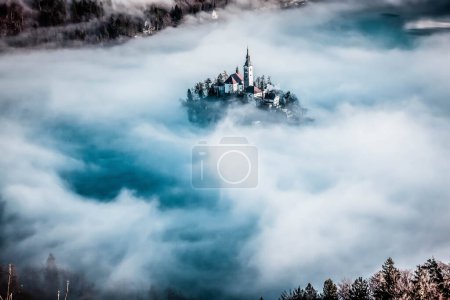 Photo for Amazing sunrise at lake Bled from Ojstrica viewpoint, Slovenia, Europe - travel background - Royalty Free Image