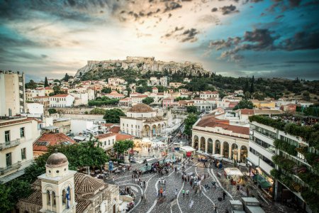 Photo for Aerial panoramic view of Monastiraki square and the Acropolis at sunset in Athens  Greece - Royalty Free Image