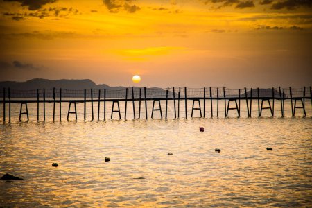 Photo for Wooden footbridge on the sea at sunset - Royalty Free Image