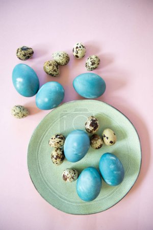 Photo for Blue Easter eggs on light pink background - Royalty Free Image