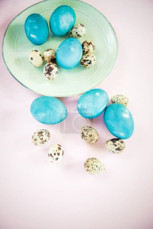 Photo for Blue Easter eggs on light pink background - Royalty Free Image