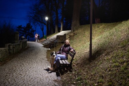 Téléchargez les photos : Femme avec chien dans le parc la nuit - en image libre de droit