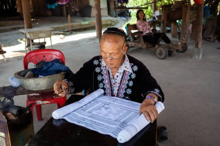 Téléchargez les photos : CHIANG MAI THAILAND- FÉVRIER 2019 : Femme de la tribu Hill vendant ses marchandises à Baan Tong Luang eco village près de Chiangmai, Thaïlande - en image libre de droit