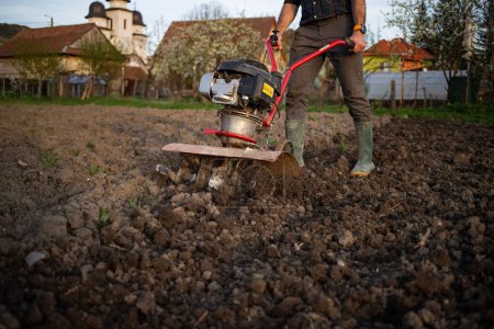 Foto de Hombre de agricultura ecológica araña el suelo al atardecer con un timón que prepara el suelo para la siembra - Imagen libre de derechos