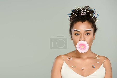 young african american woman with flowers on eyebrows and hair with gerbera in mouth isolated on grey