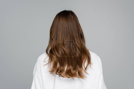 Foto de Vista posterior de mujer joven con el pelo brillante y saludable aislado en gris - Imagen libre de derechos