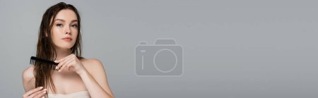 Téléchargez les photos : Jolie jeune femme aux épaules nues brossant les cheveux mouillés avec peigne isolé sur gris, bannière - en image libre de droit