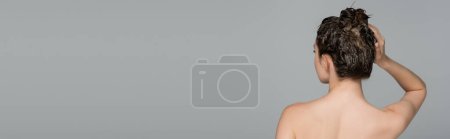 Téléchargez les photos : Vue arrière de la femme aux épaules nues lavant les cheveux isolés sur gris, bannière - en image libre de droit