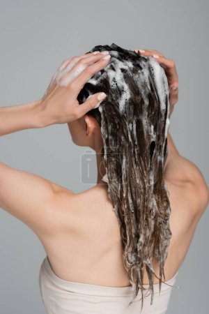 vista posterior de la joven lavando el cabello húmedo y espumoso aislado en gris 