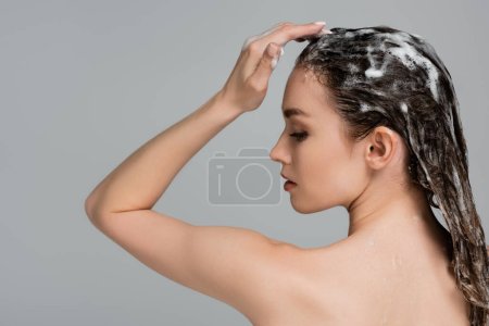 Téléchargez les photos : Vue latérale de la jeune femme aux yeux fermés lavant les cheveux mouillés et mousseux isolés sur gris - en image libre de droit