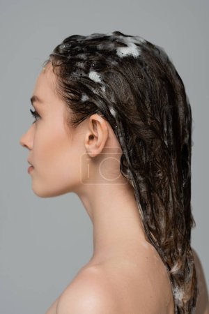 Téléchargez les photos : Profil de jeune femme aux cheveux mousseux et mouillés isolé sur gris - en image libre de droit