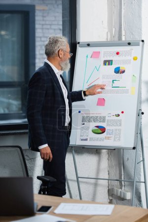 Photo for Side view of middle aged businessman looking at flip chart near blurred devices on table in office - Royalty Free Image