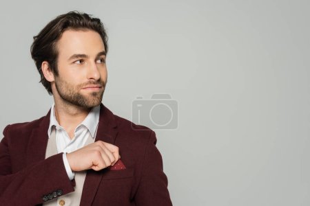 bearded showman adjusting handkerchief in pocket of blazer isolated on grey