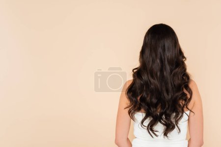 Back view of curly brunette woman standing isolated on beige 