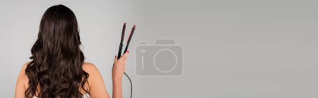 Foto de Back view of curly woman holding hair straightener isolated on grey, banner - Imagen libre de derechos