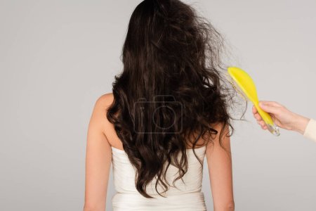 Rückseite des Friseurs mit Haarbürste in der Nähe brünette Frau mit zerzausten Haaren isoliert auf grau