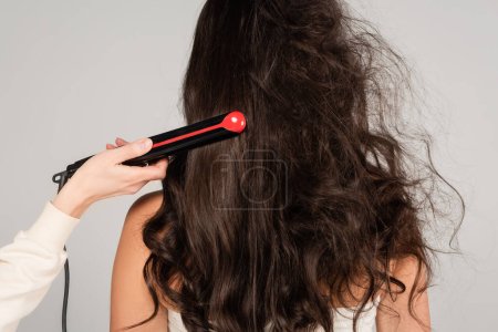 Friseur mit Haarbügeleisen Glättung welligen und zerzausten Haaren der brünetten Frau isoliert auf grau