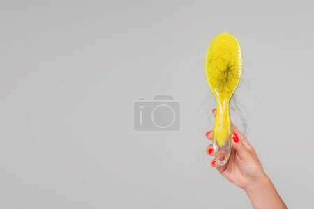 abgeschnittene Ansicht der Frau mit roter Maniküre mit gelbem Haarpinsel mit verlorenen Haaren isoliert auf grau