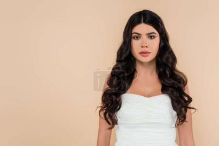 Photo for Brunette woman with long and shiny hair looking at camera isolated on beige - Royalty Free Image