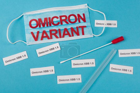 Top view of medical mask with omicron variant lettering near throat swab on blue background 